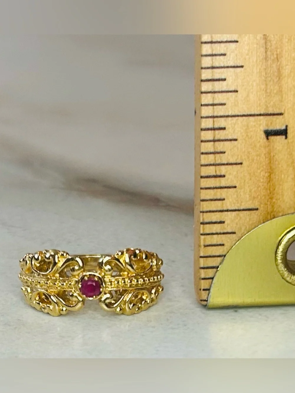 Vintage Gold Toned Filigree Ring with Pink Center Stone - Picture 2 of 4